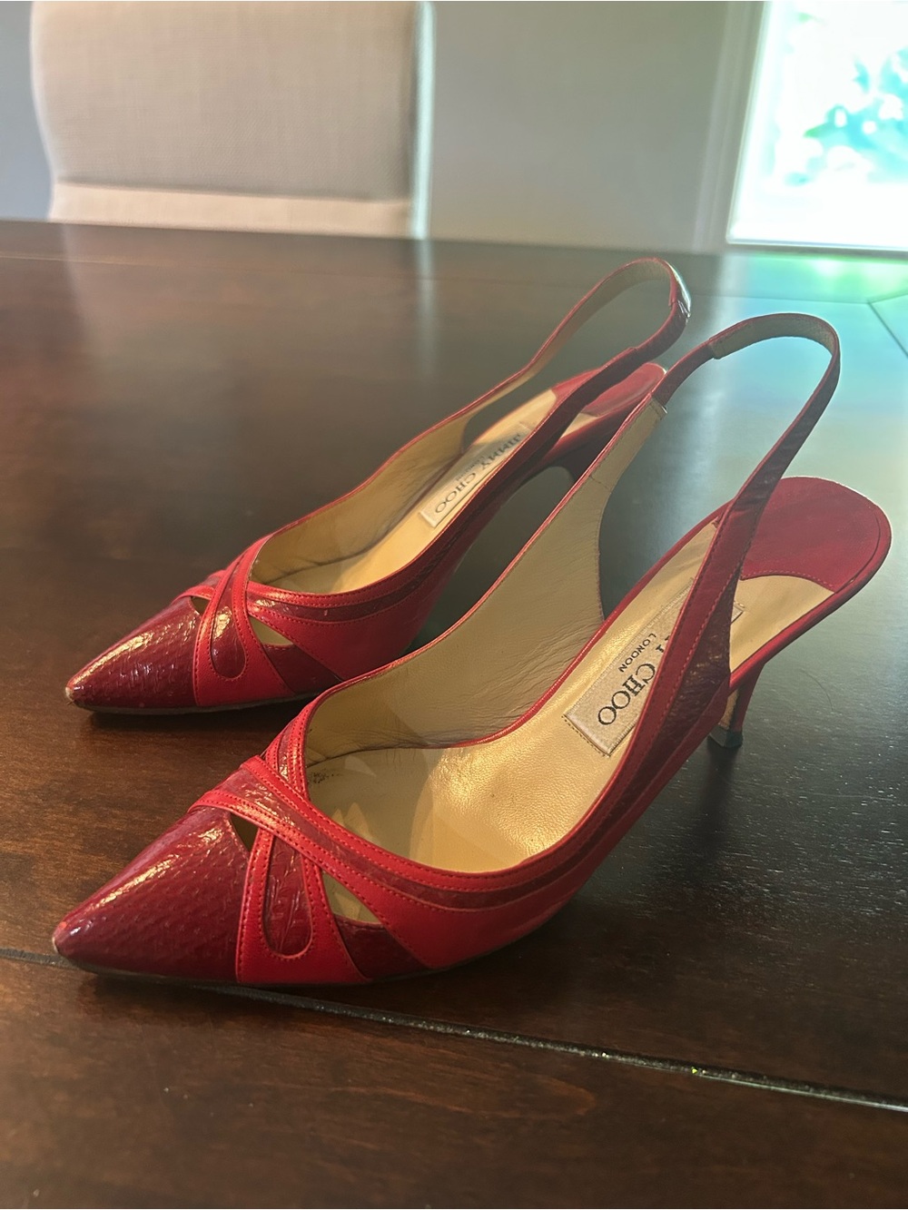 Jimmy Choo Red Patent Leather Pointed Slingback Heels